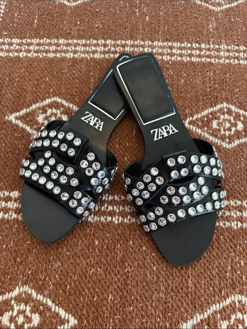 ZARA Black Crystal-Studded Slide Mules